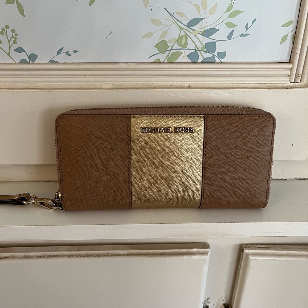Michael Kors Gold and Tan Wristlet Wallet